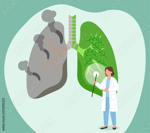 A doctor contrasts a polluted, unhealthy lung with a healthy, green one, highlighting the effects of air quality and lifestyle on respiratory health