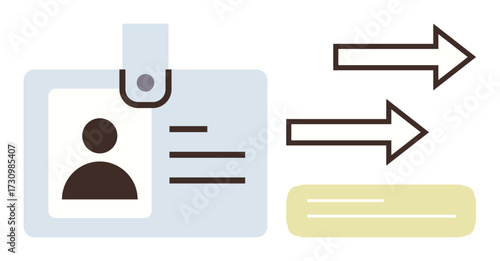 Identification badge with photo, name, and details beside arrows indicating flow or transfer. Ideal for identity, data management, access control, onboarding, networking, business communication