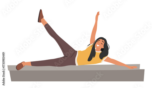 Happy overjoyed positive young girl cartoon character lying on stone parapet posing for photo