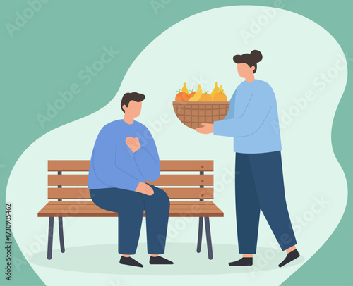 A kind person offers a basket of fresh fruit to a grateful man sitting on a park bench, illustrating generosity, charity, and helping others in need