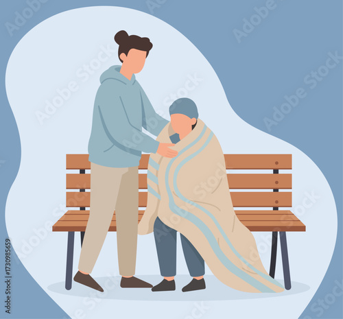 A person shows compassion by giving a warm blanket to another person sitting on a park bench, offering comfort and support to someone in need