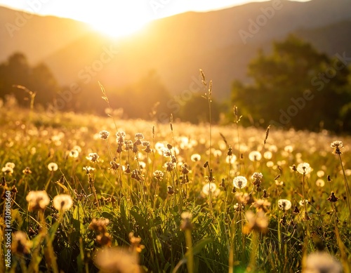 Golden sunset over a field of dandelions