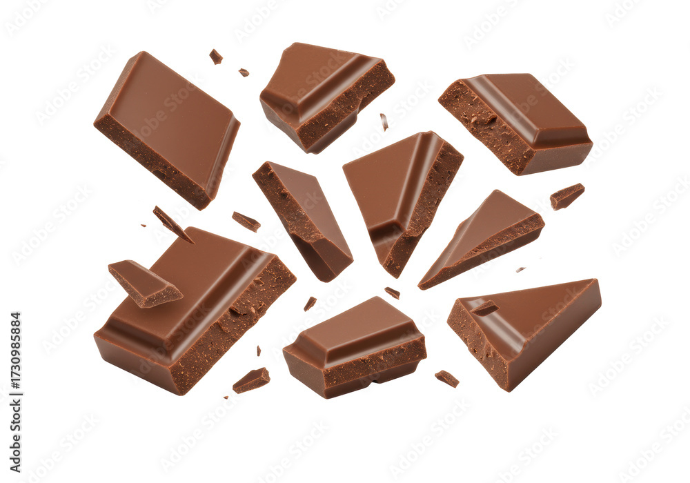 Fototapeta premium Rich dark brown milk chocolate pieces, irregular chunks and delicate shards, suspended and floating against a transparent studio background with copy space, elegant indulgence concept