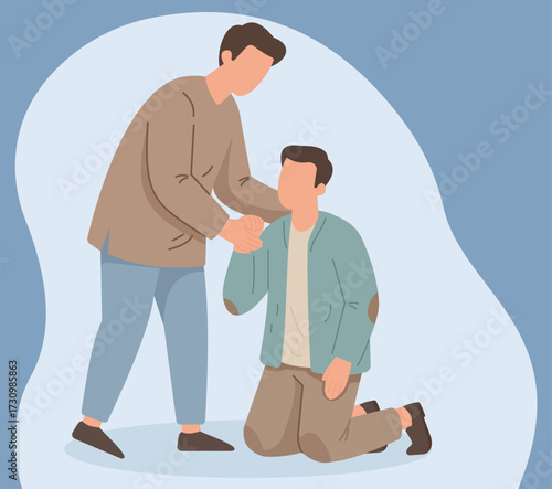 A man helps another kneeling man to his feet. A flat vector illustration depicting compassion, empathy, support, and kindness between two people