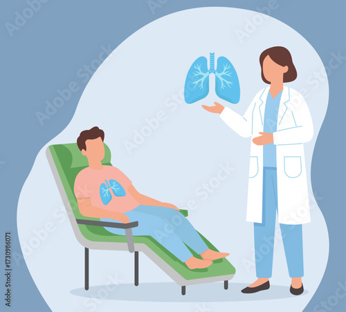A doctor explains lung health to a patient. This flat vector illustrates a medical consultation, diagnosis, and respiratory care
