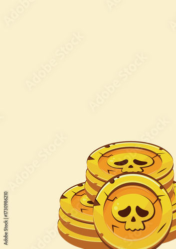 poster of gold slot coins with Halloween skulls with sad facial expressions lying in different stacks, coins for game, icons or other gaming sites