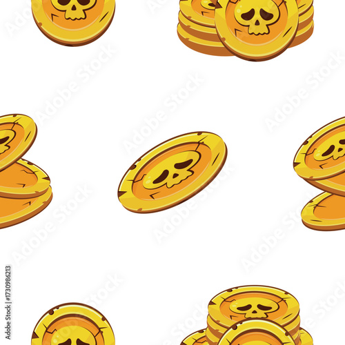 pattern of gold slot coins with Halloween skulls with sad facial expressions lying in different stacks of different sizes, coins for game, icons or other gaming sites