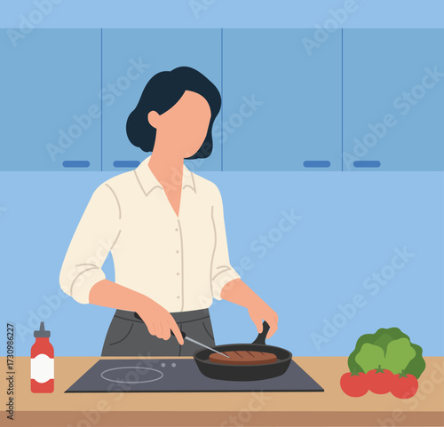 A faceless woman in a modern kitchen preparing a meal, frying a sausage on an electric stove. The scene suggests daily life and home cooking