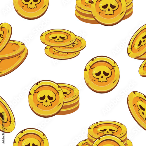 seamless pattern of gold slot coins with Halloween skulls with sad facial expressions lying in different stacks of different sizes arranged randomly, coins for game, icons or other gaming sites