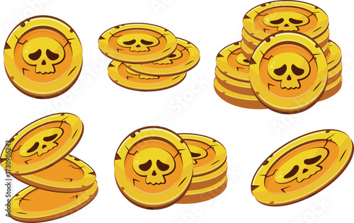 large set of gold slot coins with Halloween skulls with sad facial expressions lying in different stacks of different sizes, coins for the game, icons or other gaming sites