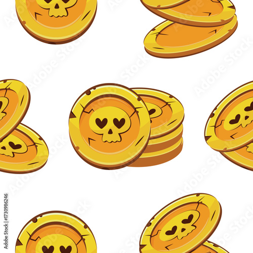pattern of gold coins with Halloween skulls with a loving expression, coins for game, icons or other gaming sites
