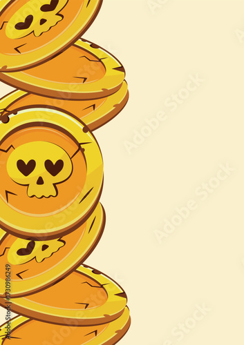 poster of gold coins with Halloween skulls with a loving facial expression on a yellow background, coins for game, icons or other gaming sites