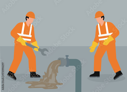 Two sanitation workers in safety gear are fixing a leaking pipe that is spilling dirty water, representing maintenance, repair, and plumbing services