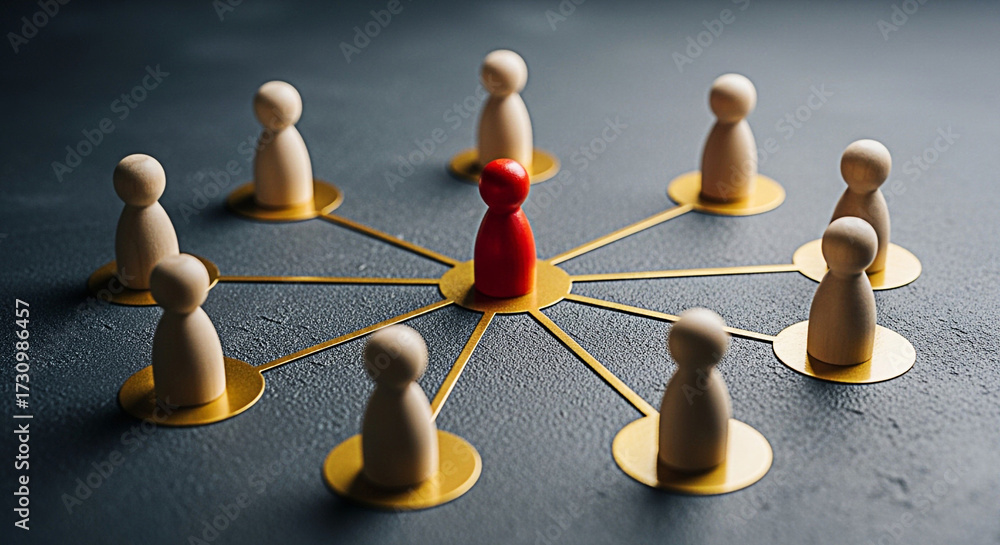Obraz premium Red figure leading a network of wooden figures representing teamwork and organizational structure