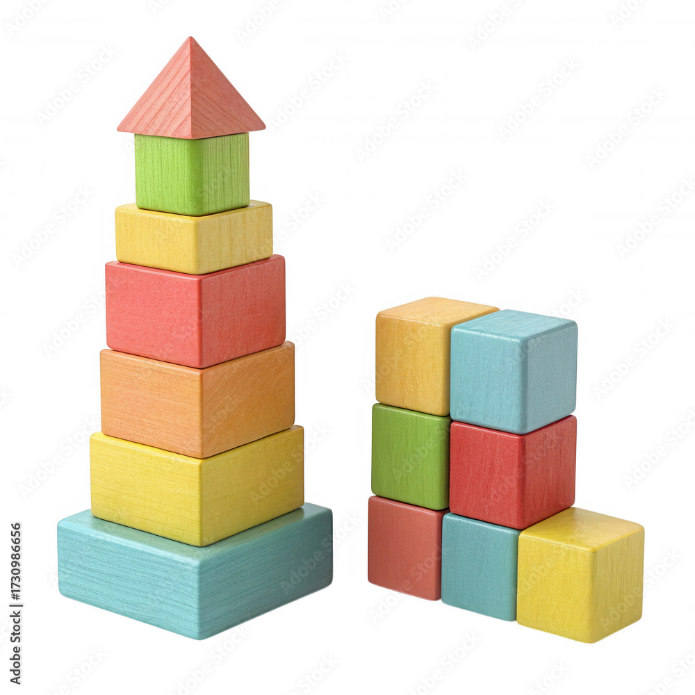 Obraz premium Colorful Wooden Building Blocks Stacked and Arranged transparent background