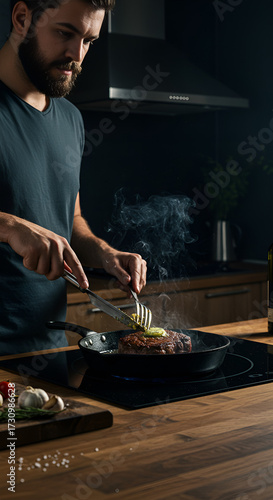 Man cooking grilled steak in a cast iron pan at home with herbs, garlic, and butter, cinematic dark moody kitchen setting
