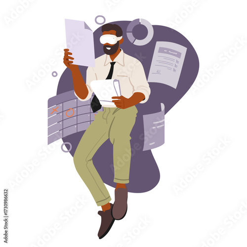 Businessman wearing VR goggles headset working with finance data in cyberspace cartoon scene