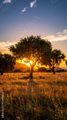 Golden sunset over a field of grass with a lone tree