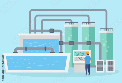 An operator monitors a water purification or treatment plant, managing the filtration and processing system through a control panel