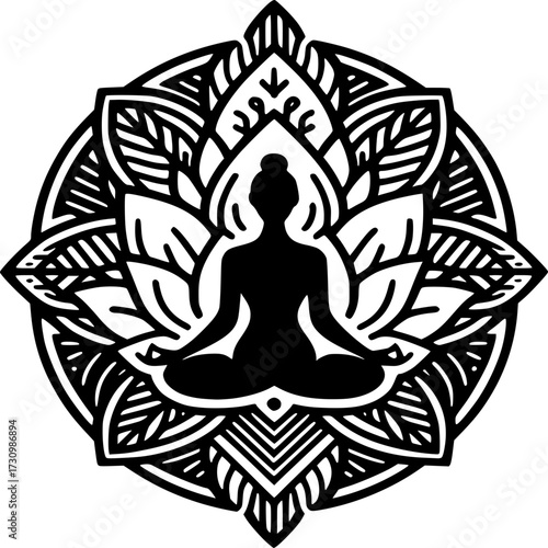 Tranquil Mindfulness: An artistic rendering of a person in meditation, enveloped by an intricate lotus mandala, embodying peace and spiritual enlightenment. 
