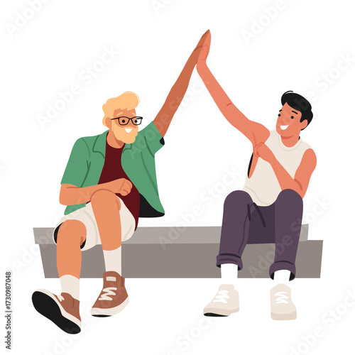 Happy friends giving high five greeting each other sharing positive mood sitting on bench outdoors