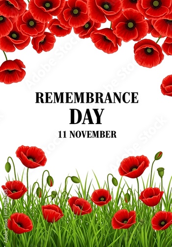 Vibrant red poppies frame a heartfelt message for Remembrance Day, commemorating November 11th with a solemn tribute to valor and sacrifice