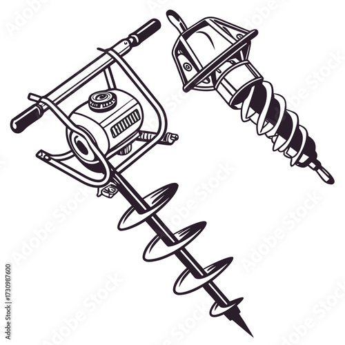 Soil Auger Vector Illustration | Manual & Mechanical Ground Sampling Tool Icon	