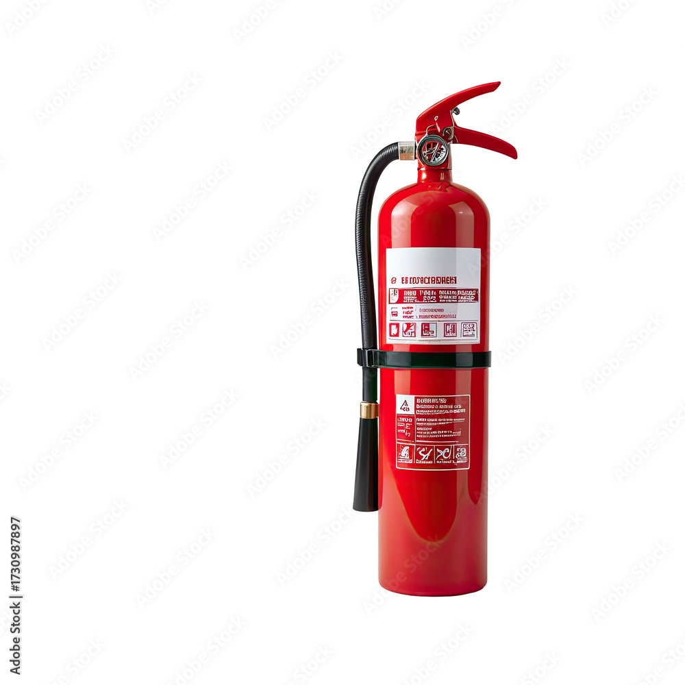 Obraz premium Red portable fire extinguisher, close-up on black background