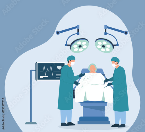 A team of surgeons performs a medical procedure on a patient in an operating room under bright surgical lights, with a heart rate monitor nearby