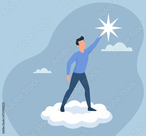 A man on a cloud reaches for a star, symbolizing ambition, dreams, and the pursuit of goals. A metaphor for success, aspiration, and reaching potential