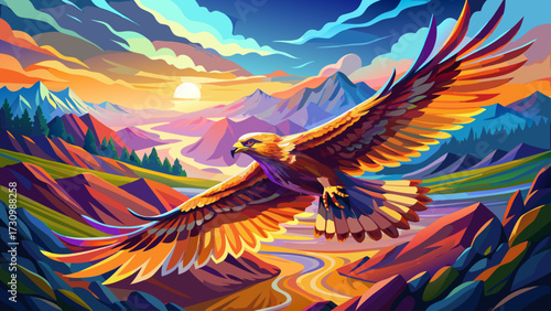 Reveal the power of a soaring hawk circling high above valleys, impressionist hues merging with realism, feathers glowing in color, light, motion, freedom, strength, grace, vision,