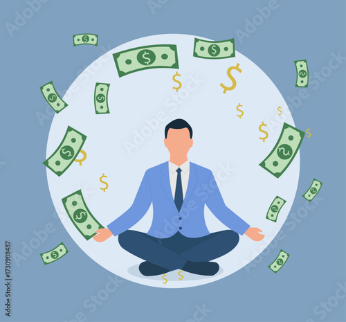 A businessman meditates in a lotus pose, calmly attracting wealth as money rains down around him, symbolizing financial peace and successful investment