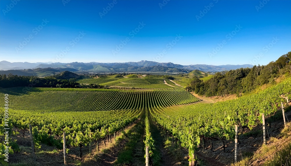Fototapeta premium Vibrant Lush Vineyard With Evenly Spaced Rows Of Grapevines Stretching Towards Distant Rolling Hills And Mountains Under Clear Blue Sky Du Daytime