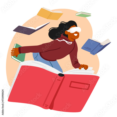 Inspired teenager girl enjoying studying reading science books using VR goggles cartoon scene