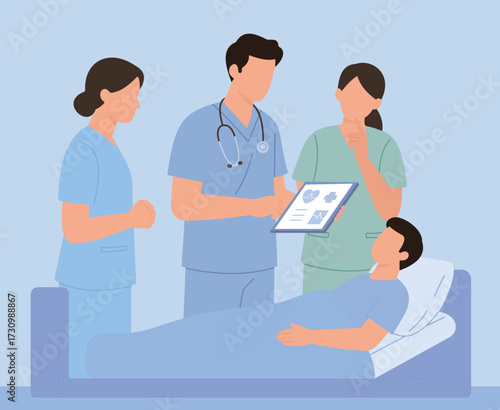A medical team discusses a patient's condition using a tablet at the bedside, illustrating modern healthcare, teamwork, and patient care