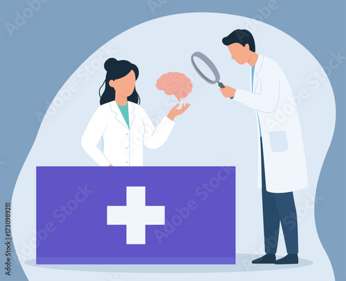 Doctors examining a brain, symbolizing neurology, mental health research, and medical diagnosis. A concept for healthcare and scientific study