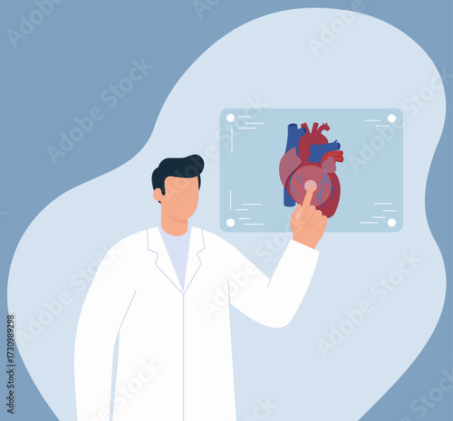 A doctor analyzes a human heart on a futuristic digital screen. This flat vector illustration combines medicine, technology, and cardiovascular health concepts