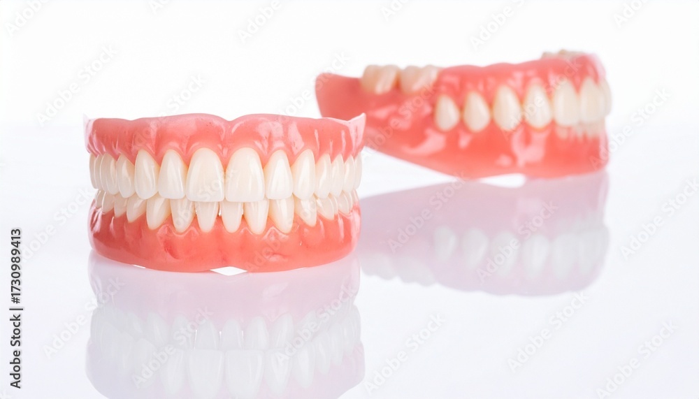 Obraz premium Upper dentures with pink acrylic gum base and white artificial teeth arranged in natural dental arch on plain background.
