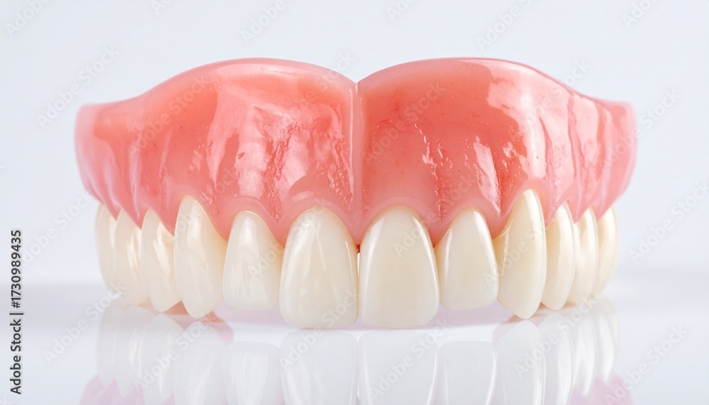 Obraz premium Upper dentures with pink acrylic gum base and white artificial teeth arranged in natural dental arch on plain background.