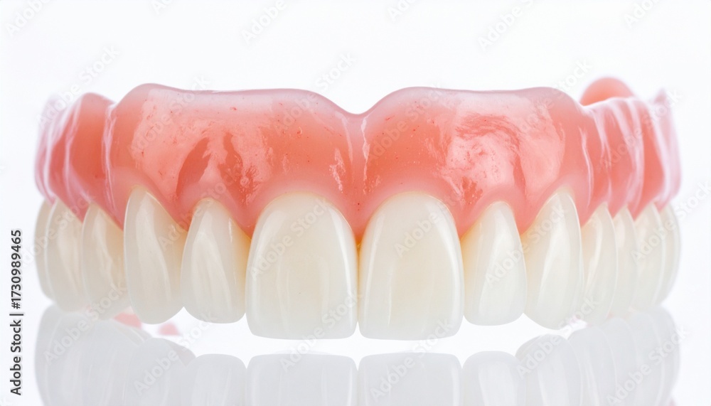 Obraz premium Upper dentures with pink acrylic gum base and white artificial teeth arranged in natural dental arch on plain background.