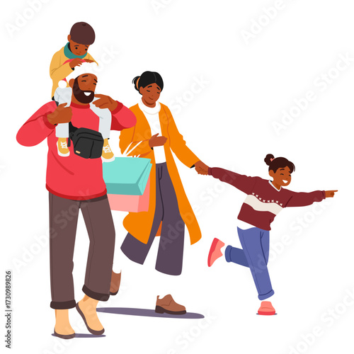 Happy family with paper purchase bags enjoying Christmas shopping walking together isolated on white