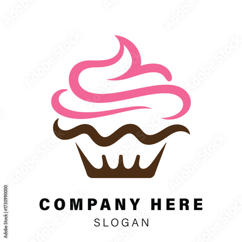 Sweet cupcake logo design with swirling pink frosting and chocolate wrapper