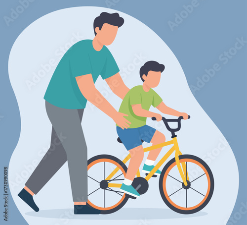 A father teaches his son to ride a bicycle. A flat vector illustration showing family bonding, support, learning, and childhood development