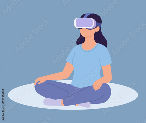 A woman meditates in a virtual reality headset, exploring digital mindfulness and immersive relaxation in a modern, serene flat vector illustration