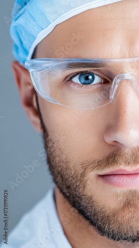 Close-up portrait of a doctor in medical scrubs, sweat beads on the forehead, intense focus, cold sterile light, cinematic depth, raw realistic mood.