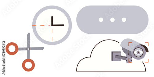 Scissors, clock, security camera, cloud, and text bubble emphasize safety, precision, communication, and technology. Ideal for cybersecurity time tracking cloud services monitoring data