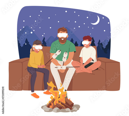 Father and children in VR glasses imagining frying marshmallow on sticks while rest at home