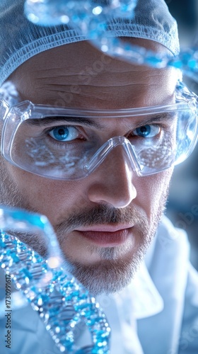 Close-up of a bioengineering scientist studying illuminated DNA data on a digital screen in a high-tech lab, with sharp details and clean futuristic realism.