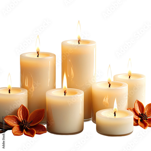 Lit candles with orange flowers, warm glow, perfect for relaxation or decor