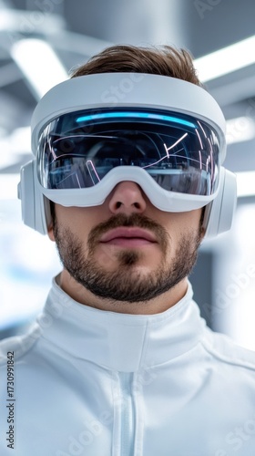 Portrait close-up of a space scientist wearing a futuristic AR headset, examining floating planetary visuals in a high-tech laboratory, crisp textures, realistic lighting, immersive depth effect.